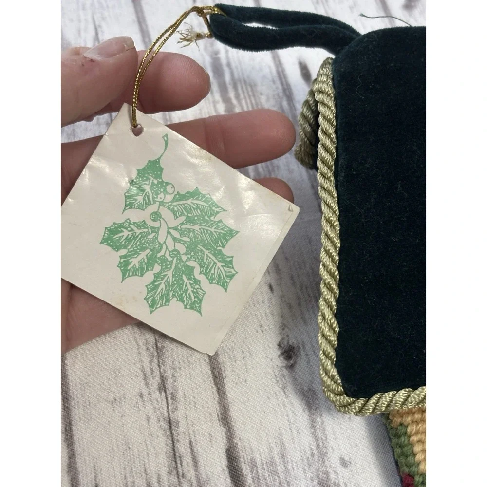 Vintage Needlepoint Hand Embroidered Christmas Stocking Wool Velvet Car 20